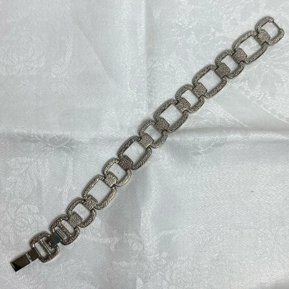 Art Deco Style Antiqued Silver Tone Faux Marcasite Rectangle Link Chain Bracelet